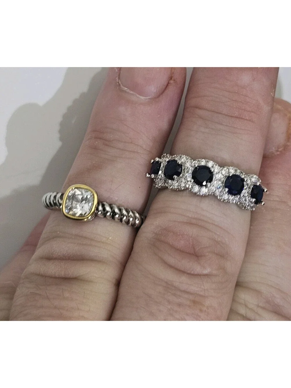 Lot of 2 Size 6.5 Rings Two-tone Gold- & Rhodium-plated Blue Sapphire CZ Band